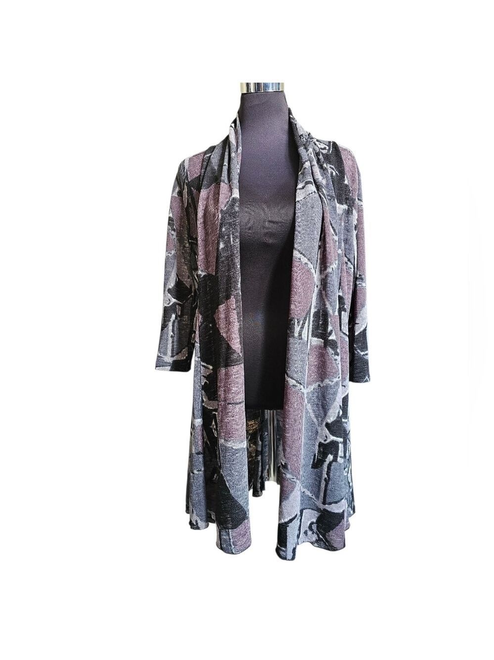 CREATION 3/4 Sleeve Purple & Gray Open Front Cover Up Cardigan Size XL NWT